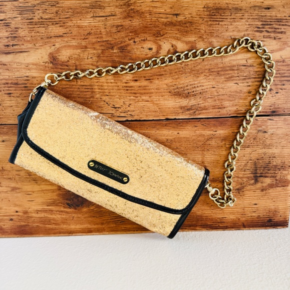 Betsey Johnson Gold Glitter Clutch Purse with Shoulder Bag Chain - Picture 8 of 10